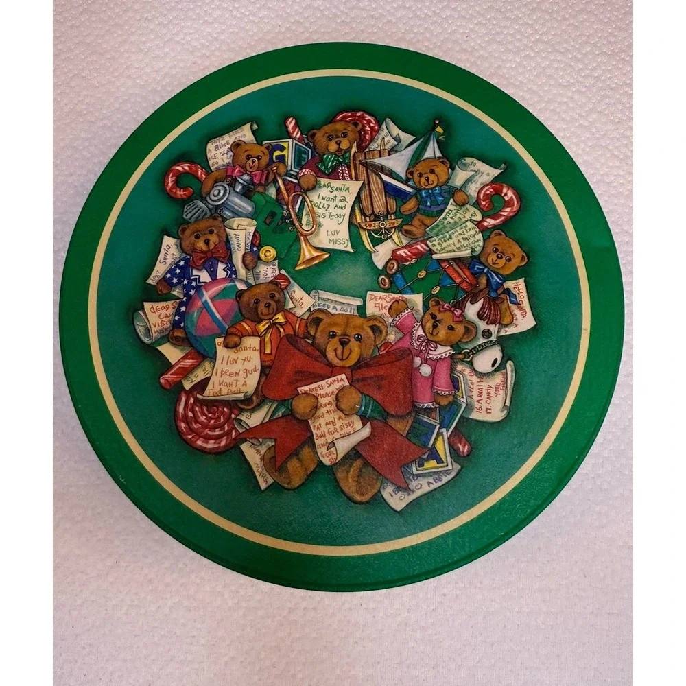 Vintage‎ Christmas Teddy Bear Cookie Tin Round Green Holiday Storage 3.5